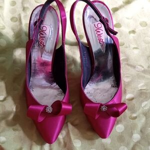 Fuchsia Satin Slingback Heels with Bow by